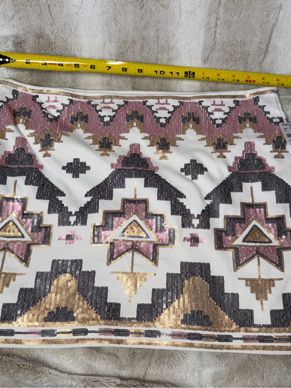 Fredrick’s of Hollywood White Sequin Mini Skirt with Pink & Gold Aztec Motif